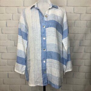 Habitat Blue White Linen Plaid Buttondown Blouse Size XS